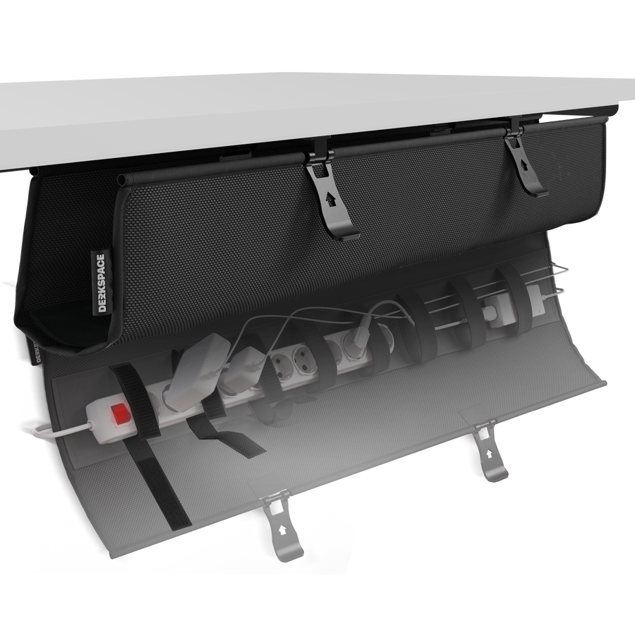 Goulotte passe-câbles sous bureau DESKSPACE WRAP noire avec attaches auto-agrippantes et cadre en acier, vue produit détourée