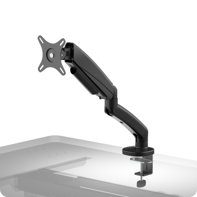 Bras pour écran ergonomique DESKSPACE MONITORARM noir avec ressort à gaz et fixation VESA, photo principale détourée sur fond sombre