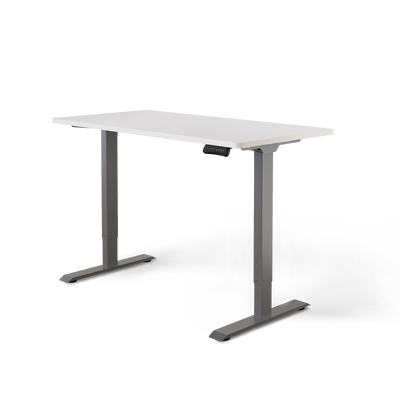 Bureau assis-debout électrique DESKSPACE PRO avec piètement gris et plateau noir 140 × 70 cm, vue de face détourée sur fond blanc