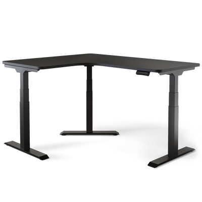 Bureau d'angle ergonomique DESKSPACE CORNER avec piètement blanc et plateau noir en forme de L, vue de face détourée sur fond clair