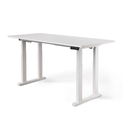 Bureau assis-debout électrique DESKSPACE TITAN avec piètement et plateau blancs 180 × 80 cm, vue de face détourée sur fond blanc