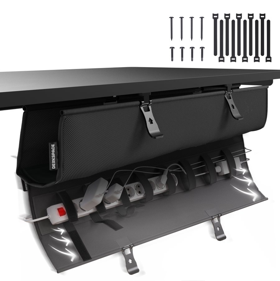 Goulotte passe-câbles sous bureau DESKSPACE WRAP noire avec attaches auto-agrippantes et cadre en acier, vue produit détourée