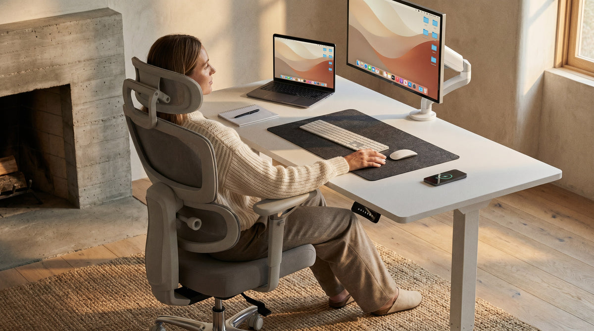 Frau arbeitet entspannt am höhenverstellbaren DESKSPACE Schreibtisch mit ergonomischem Bürostuhl